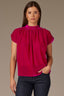 Raspberry Rose Extended Short Sleeve Shirred Shoulder Back Yoke Smock High Round Neck Woven Velvet Top