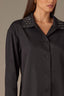 Black Long Button Sleeve Rhinestone Beaded Collar Neck Button Down Front Pleated Back Split Hi-Low Hem Woiven Shirt
