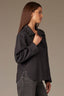 Black Long Button Sleeve Rhinestone Beaded Collar Neck Button Down Front Pleated Back Split Hi-Low Hem Woiven Shirt
