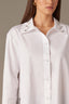 Off White Long Button Sleeve Rhinestone Beaded Collar Neck Button Down Front Pleated Back Split Hi-Low Hem Woiven Shirt