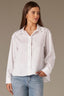 Off White Long Button Sleeve Rhinestone Beaded Collar Neck Button Down Front Pleated Back Split Hi-Low Hem Woiven Shirt