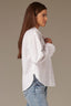 Off White Long Button Sleeve Rhinestone Beaded Collar Neck Button Down Front Pleated Back Split Hi-Low Hem Woiven Shirt