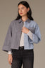 Black Blue Long Cuffed Sleeve Collared Neck Button Down Front Two Tone Single Breast Pocket Pleated Cropped Hem Woven Jacket