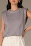 Heather Grey Extended Origami Cap Sleeve Keyhole Back Scoop Neck Beaded Pearl Embellishment Cased Hem Knit Top 