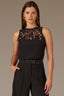 Black Sleeveless Lace Yoke Scallop Edge Keyhole Back Round Neck Woven Tank Top