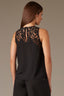 Black Sleeveless Lace Yoke Scallop Edge Keyhole Back Round Neck Woven Tank Top