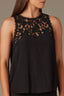 Black Sleeveless Lace Yoke Scallop Edge Keyhole Back Round Neck Woven Tank Top