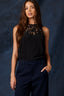 Black Sleeveless Lace Yoke Scallop Edge Keyhole Back Round Neck Woven Tank Top