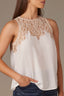 Winter White Sleeveless Lace Yoke Scallop Edge Keyhole Back Round Neck Woven Tank Top
