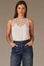 Winter White Sleeveless Lace Yoke Scallop Edge Keyhole Back Round Neck Woven Tank Top