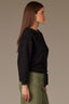 Black Long Banded Drop Shoulder Sleeve V Placket Wide Scoop Neck Cased Hem Ribbon Knit Sweatshirt Top 