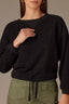 Black Long Banded Drop Shoulder Sleeve V Placket Wide Scoop Neck Cased Hem Ribbon Knit Sweatshirt Top 