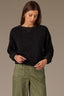 Black Long Banded Drop Shoulder Sleeve V Placket Wide Scoop Neck Cased Hem Ribbon Knit Sweatshirt Top 