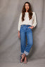 Mid Blue Denim High Rise Reverse Self Panel Fixed Cuff Round Up Back Yoke Contour Shape Technology Boyfriend Petite Jean