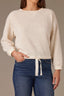 Cream Long Banded Drop Shoulder Sleeve V Placket Wide Scoop Neck Cased Hem Ribbon Knit Sweatshirt Top 