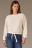 Cream Long Banded Drop Shoulder Sleeve V Placket Wide Scoop Neck Cased Hem Ribbon Knit Sweatshirt Top 