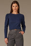 Navy Multi Long Puff Sleeve Crew Neck Embroidered Speckled Thermal Knit Top