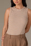 Camel Off White Sleeveless Crew Neck Stripe Block Print Crew Neck Knit Tank Top