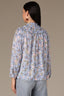 Rose Bloom Blue Crush Multi Three Quarter Cuffed Blouson Button Sleeve Double Ruffle Shoulder Round Split Neck Button Down Front Smocked Yoke Floral Print Woven Top