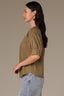 Nori Green Drop Shoulder Cuffed Elbow Sleeve Pleated Straight Back Yoke V-Neck Surplus Hem Woven Top