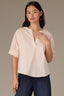 Stone Drop Shoulder Cuffed Elbow Sleeve Pleated Straight Back Yoke V-Neck Surplus Hem Woven Top