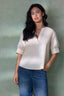 Stone Drop Shoulder Cuffed Elbow Sleeve Pleated Straight Back Yoke V-Neck Surplus Hem Woven Top