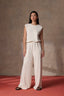 Blanched Almond Skyrise Pull On Paper Bag Waist Drawstring Paneling Slit Hem V-Yoke Wide Leg Pant