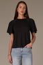 Black Short Double Flutter Raglan Sleeve Ladder Trim Scoop Neck Back Center Seam Knit Top