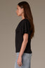 Black Short Double Flutter Raglan Sleeve Ladder Trim Scoop Neck Back Center Seam Knit Top