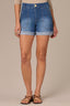 Mid Blue Vintage Denim High Rise Double Front Pocket Frayed Roll Cuff Hem Contour Shape Technology Short