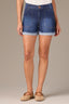 Indigo Denim High Rise Double Front Pocket Frayed Roll Cuff Hem Contour Shape Technology Short