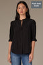 Black Puff Elbow Scallop Sleeve Ruffle Stand Collar Neck Button Down Crochet Placket Pleated Yoke Plus Size Woven Top  