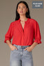 Poppy Red Puff Elbow Scallop Sleeve Ruffle Stand Collar Neck Button Down Crochet Placket Pleated Yoke Plus Size Woven Top 