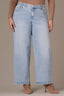 Light Blue Artisanal Denim Contour Shape Technology High Rise Hem Cutout Metallic Beading Plus Size Sam Wide Leg Jean 