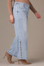 Light Blue Artisanal Denim Contour Shape Technology High Rise Hem Cutout Metallic Beading Plus Size Sam Wide Leg Jean 