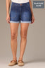 Indigo Denim High Rise Double Front Pocket Frayed Roll Cuff Hem Contour Shape Technology Plus Size Short