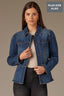 Blue Denim Long Puff Sleeve Collar Neck Snap Front Breast Pocket Peplum Hem Plus Size Jacket