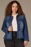 Blue Denim Long Puff Sleeve Collar Neck Snap Front Breast Pocket Peplum Hem Plus Size Jacket