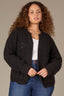 Black Long Blouson Cuff Sleeve Open Front Patch Pocket Open Work Round Collarless Neck Scallop Hem Plus Size Sweater Cardigan