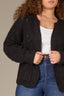 Black Long Blouson Cuff Sleeve Open Front Patch Pocket Open Work Round Collarless Neck Scallop Hem Plus Size Sweater Cardigan