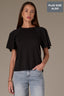 Black Short Double Flutter Raglan Sleeve Ladder Trim Scoop Neck Back Center Seam Plus Size Knit Top