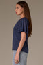 Navy Short Double Flutter Raglan Sleeve Ladder Trim Scoop Neck Back Center Seam Plus Size Knit Top