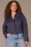 Blue Charcoal Long Button French Cuff Sleeve Collar Neck Hidden Placket Button Down Split Hi-Low Woven Plus Size Shirt