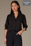 Black Below Elbow Banded Lantern Ruffle Edge Sleeve Button Down Stand Collar V-Neck Scallop Edge Yoke Plus Size Woven Shirt