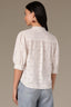 Off White Below Elbow Banded Lantern Ruffle Edge Sleeve Button Down Stand Collar V-Neck Scallop Edge Yoke Plus Size Woven Shirt 